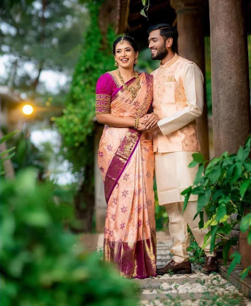 Peach Flower By Aab Soft Lichi Silk Wedding Wear Saree Orders In India